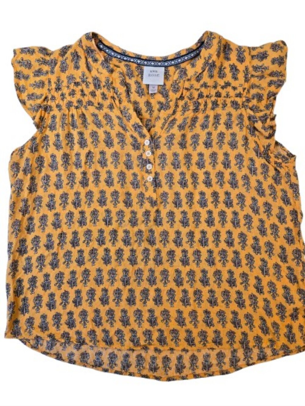 Knox Rose Mustard Yellow Floral Print Flutter Sleeve Top Size Medium
